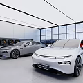 Modern Car Showroom Featuring Two Sleek Cars Spacious Interior Large Windows Displayed Wheels
