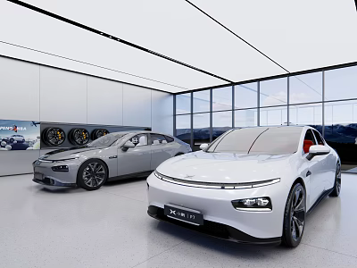 Modern Car Showroom Featuring Two Sleek Cars Spacious Interior Large Windows Displayed Wheels 3d model