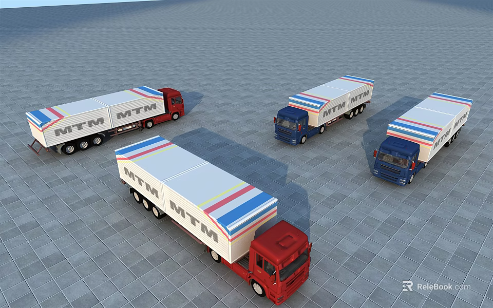 Multiple Red And Blue MTM Trucks On Paved Ground With Cargo Trailers 3d model