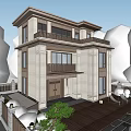 Modern Two Story Detached Villa Exterior With Wooden Deck Courtyard Trees And Lit Windows