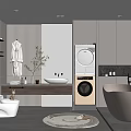Modern Bathroom Interior Design With Freestanding Bathtub Washing Machine Vanity Mirror And Plants