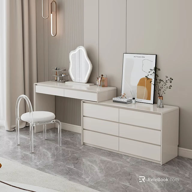 Modern Minimalist Dressing Table With Acrylic Chair Scalloped Mirror Books And Vase Decor 3d model 