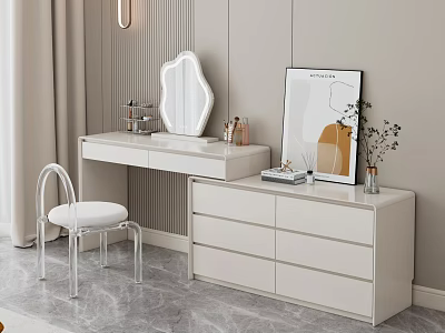 Modern Minimalist Dressing Table With Acrylic Chair Scalloped Mirror Books And Vase Decor 3d model