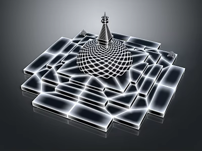 Modern Architectural Design Featuring Central Spire Symmetrical Rectangular Blocks And Geometric Layout 3d model