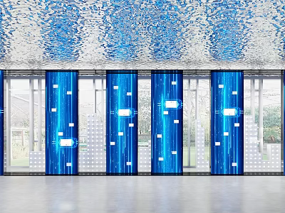 Modern Computer Data Center Interior Featuring Blue Vertical Panels White Square Lights And Green Plants 3d model