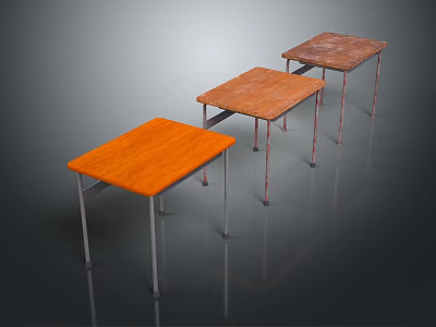 Three Modern Dining Tables With Wooden Tops And Metal Legs In Orange Brown Colors 3d model