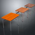 Three Modern Dining Tables With Wooden Tops And Metal Legs In Orange Brown Colors