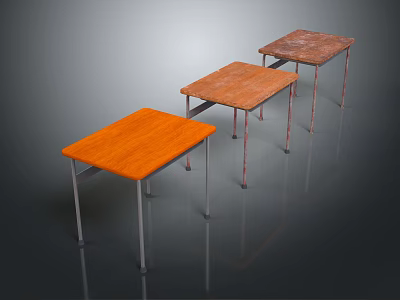 Three Modern Dining Tables With Wooden Tops And Metal Legs In Orange Brown Colors 3d model