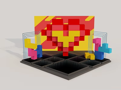 Creative Decorative Display With Black Grid Base Red Pixel Heart And Colorful Blocks 3d model