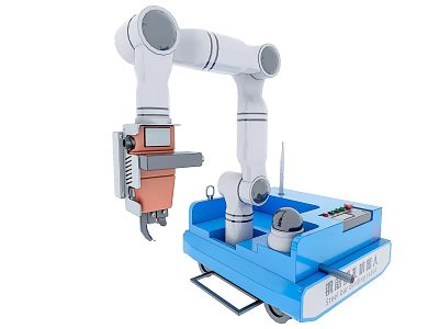 Advanced Industrial Robotic Arm with Blue Mobile Base and Control Panel for Automation 3d model
