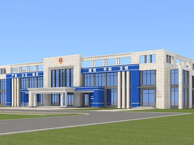Public Security Station Building With Blue And White Exterior Large Windows Columns Lawn And Road 3d model