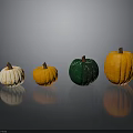 Four Colorful Pumpkins White Striped Orange And Green Arranged On Gray Background With Clear Reflections