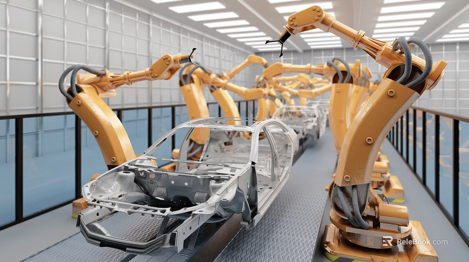 Automated Car Manufacturing Factory With Robotic Arms Assembling Vehicle Frames on Production Line 3d model 