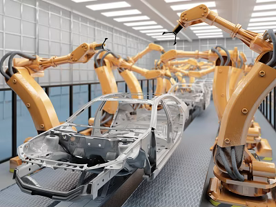 Automated Car Manufacturing Factory With Robotic Arms Assembling Vehicle Frames on Production Line 3d model