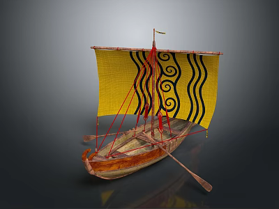 Model Boat With Yellow Sail Black Wave Spiral Patterns Wooden Hull Red Masts And Oars 3d model