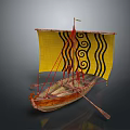 Model Boat With Yellow Sail Black Wave Spiral Patterns Wooden Hull Red Masts And Oars
