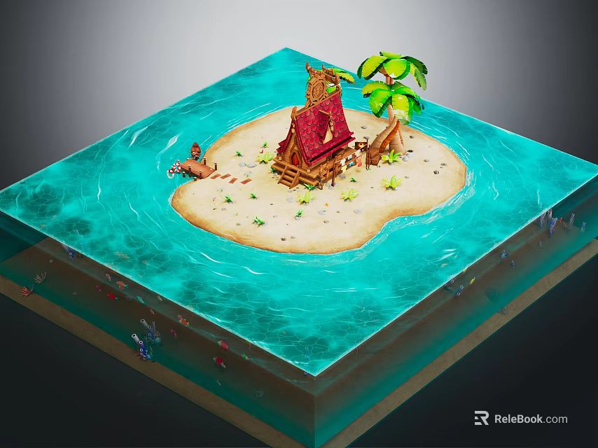 Cartoon Tropical Island Scene With Red Roof Hut Palm Trees And Blue Water 3d model 