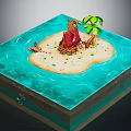 Cartoon Tropical Island Scene With Red Roof Hut Palm Trees And Blue Water