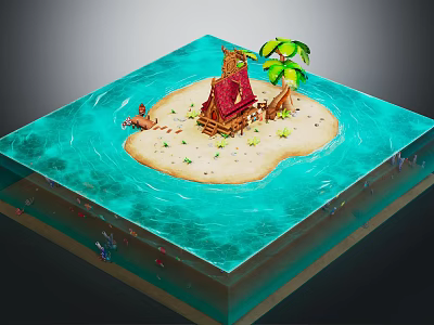 Cartoon Tropical Island Scene With Red Roof Hut Palm Trees And Blue Water 3d model