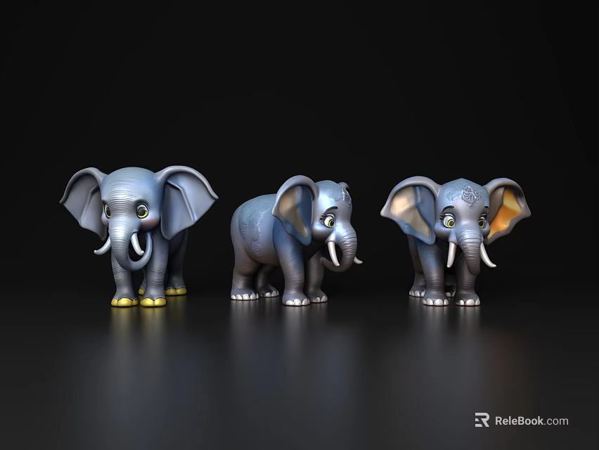 Three Blue Elephant Figurines On Black Reflective Background With Cute Design 3d model