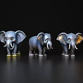 Three Blue Elephant Figurines On Black Reflective Background With Cute Design 3d model
