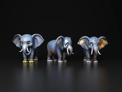 Three Blue Elephant Figurines On Black Reflective Background With Cute Design 3d model