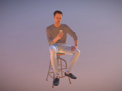 A Man Sitting On Stool Holding Phone Wearing Gray Long Sleeve Shirt And Light Pants 3d model