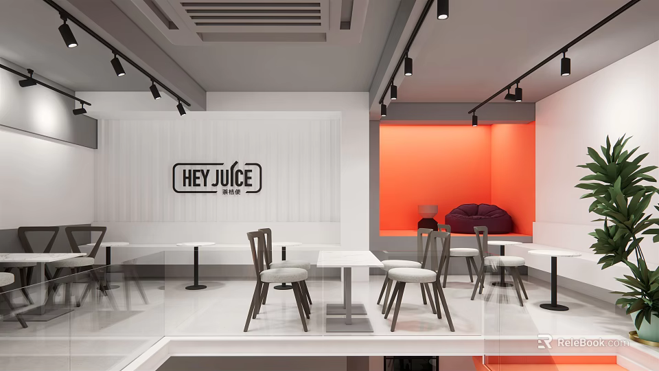 Hey Juice Milk Tea Shop Modern Interior With Orange Wall And White Seating Area 3d model 