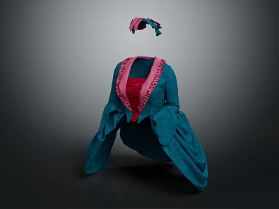 Blue Long Sleeve Dress With Pink Ruffled Collar And Matching Pink Hat 3d model