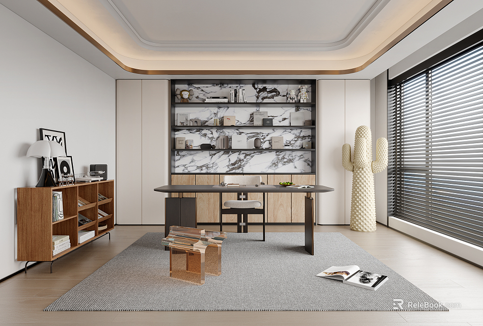 Modern Study Room Interior With Wooden Bookshelf Desk Blinds Cactus Plant And Gray Rug 3d model 