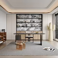 Modern Study Room Interior With Wooden Bookshelf Desk Blinds Cactus Plant And Gray Rug