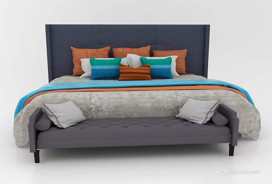 Dark Blue Headboard Double Bed With Colorful Pillows And Gray Bench 3d model