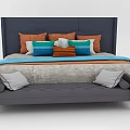Dark Blue Headboard Double Bed With Colorful Pillows And Gray Bench 3d model
