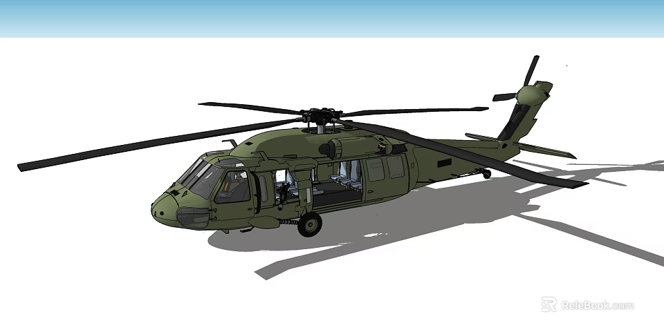 Military Green Helicopter With Rotor Blades Open Doors And Landing Gear 3d model 