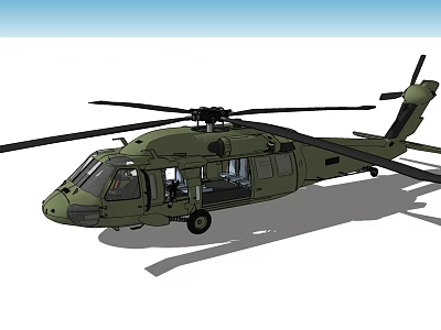 Military Green Helicopter With Rotor Blades Open Doors And Landing Gear 3d model