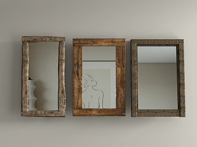 Rustic Wooden Frame Mirrors Hanging On Light Wall For Home Decor 3d model