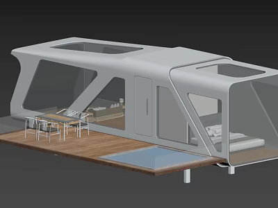 Modern Guesthouse Architecture With Glass Walls Open Design And Wooden Terrace 3d model