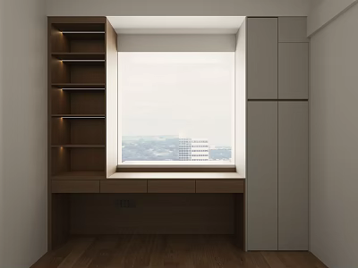 Modern Desk Interior With Wooden Shelves Window And City View White Cabinets 3d model