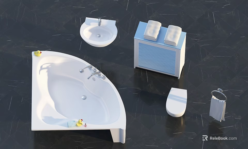 Modern Bathroom Suite With Bathtub Faucet Sink Basin Toilet And Cabinet With Towels 3d model 
