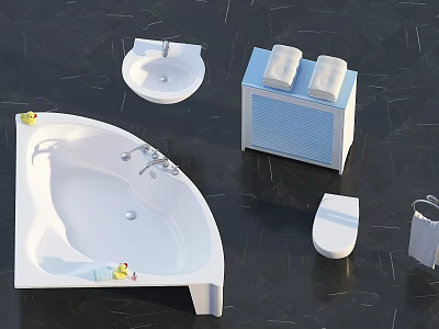 Modern Bathroom Suite With Bathtub Faucet Sink Basin Toilet And Cabinet With Towels 3d model