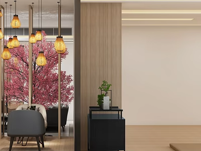 Elegant Hotel Lobby With Pendant Lights Pink Cherry Blossom Tree Wooden Wall And Green Plant 3d model