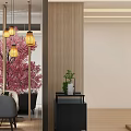 Elegant Hotel Lobby With Pendant Lights Pink Cherry Blossom Tree Wooden Wall And Green Plant