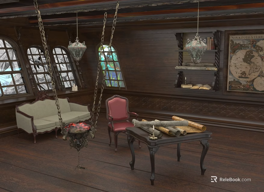 Water Vessel Interior With Wooden Walls Arched Stained Glass Windows Sofa Red Chair And Map 3d model 