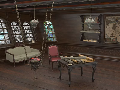Water Vessel Interior With Wooden Walls Arched Stained Glass Windows Sofa Red Chair And Map 3d model