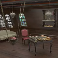 Water Vessel Interior With Wooden Walls Arched Stained Glass Windows Sofa Red Chair And Map