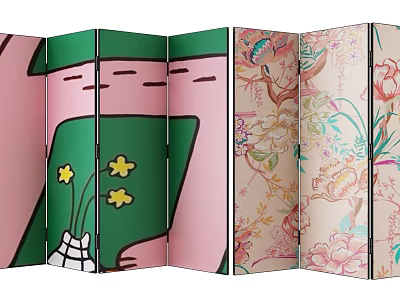 Decorative Room Divider Screens With Floral Bird Patterns Small Flower Leaf Design Pink Green Beige Colors 3d model