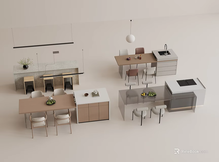 Modern Open Kitchen Interior Design With Bar Counter Seating And Lighting 3d model