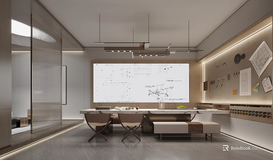 Professional Modern Design Studio Interior With Large Whiteboard Blueprint Long Table And Chairs 3d model