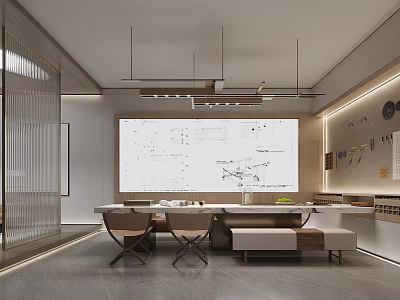 Professional Modern Design Studio Interior With Large Whiteboard Blueprint Long Table And Chairs 3d model