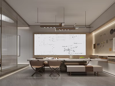 Professional Modern Design Studio Interior With Large Whiteboard Blueprint Long Table And Chairs 3d model
